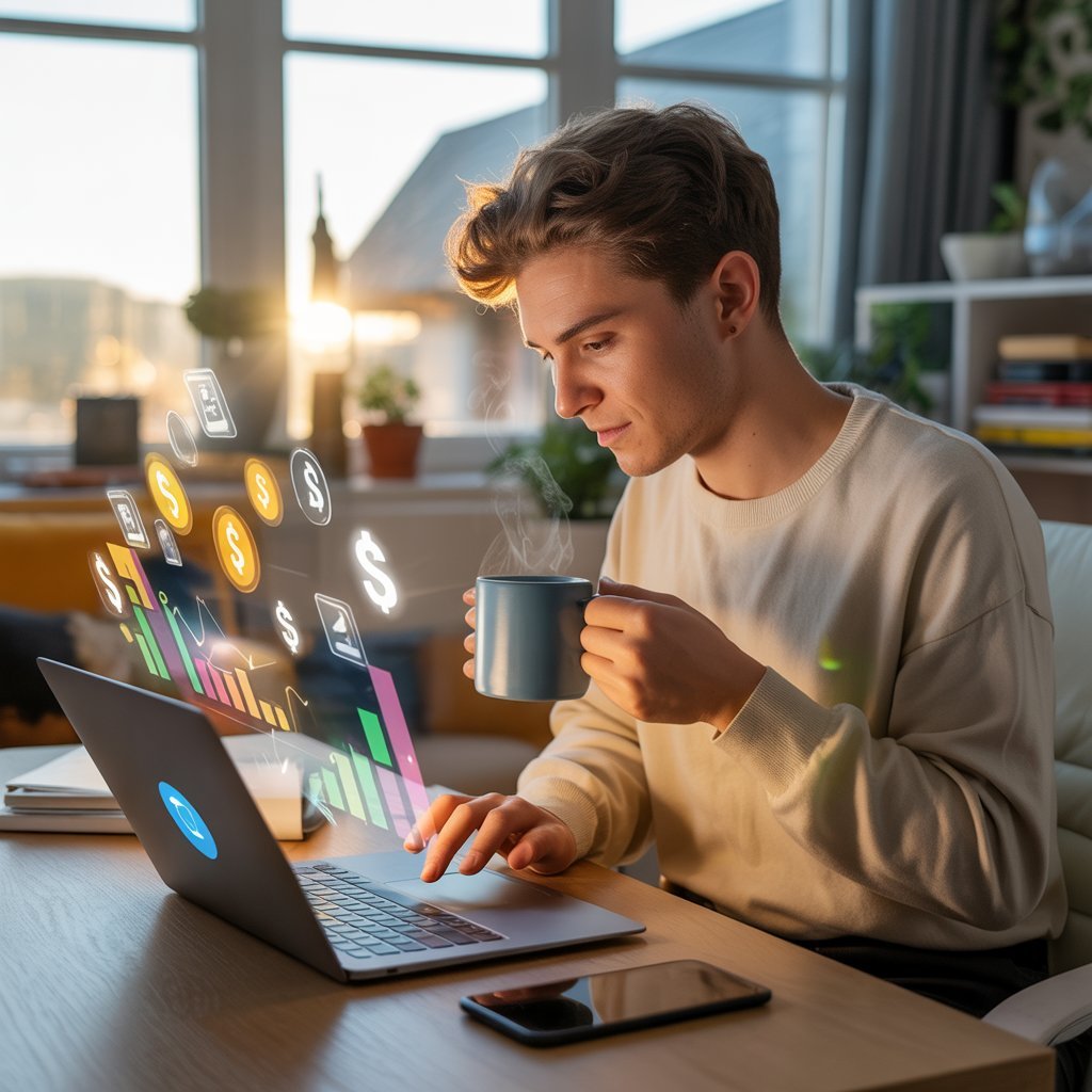 person working online on laptop earning money
