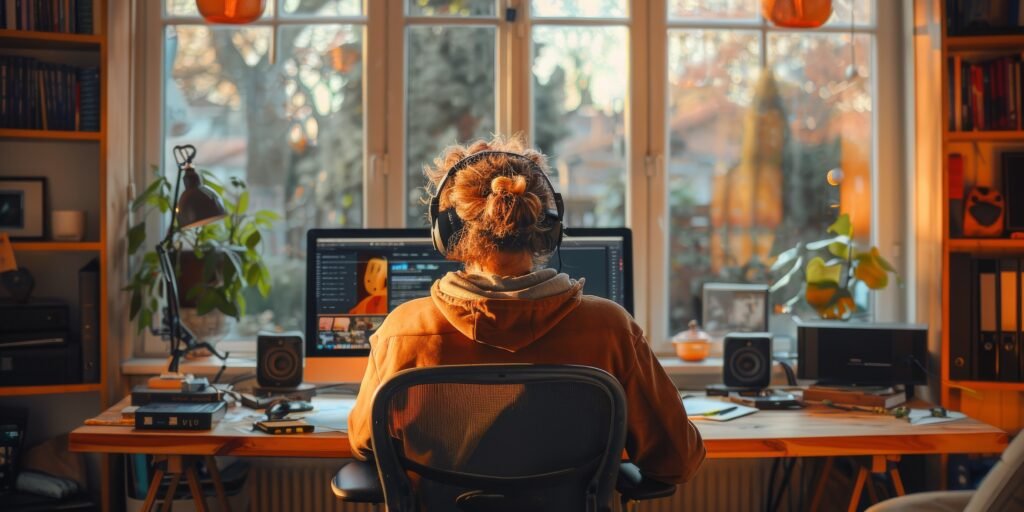 Student working on laptop doing freelancing jobs for students