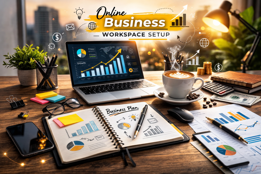 Online Business workspace setup with laptop notebook and coffee