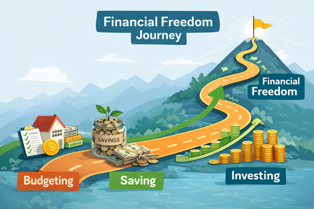 Financial freedom journey chart showing budgeting saving and investing growth path