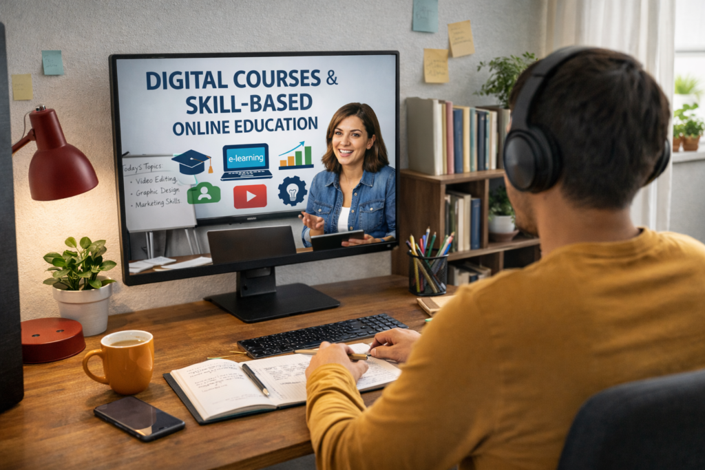 Student attending Digital Courses and Skill-Based Online Education from home workspace
