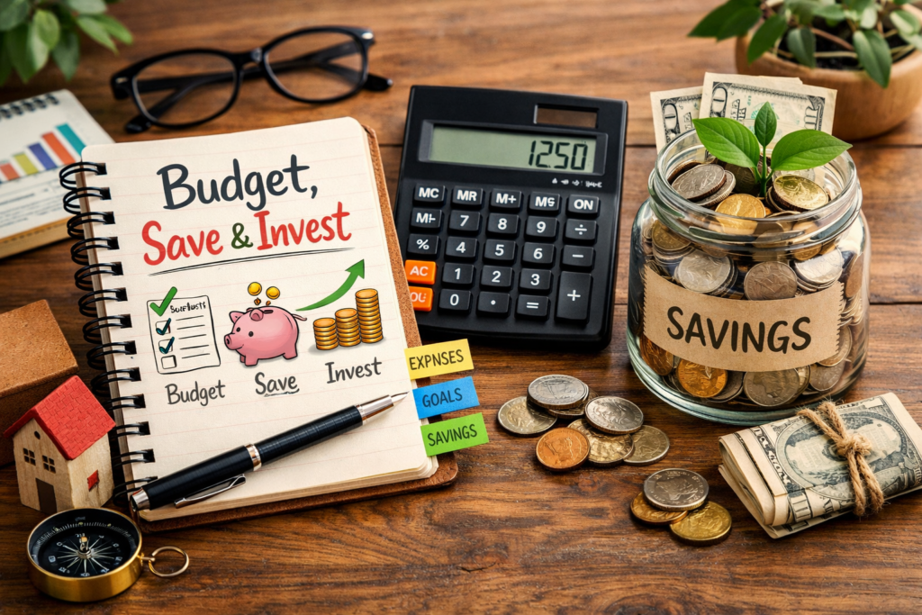 Essential personal finance budgeting saving and investing concept notebook calculator and savings jar