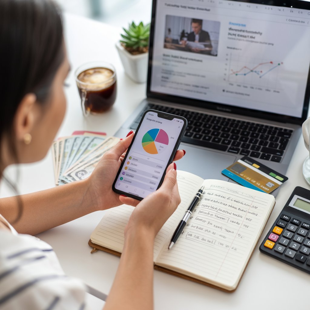person tracking expenses and learning finance online on mobile
