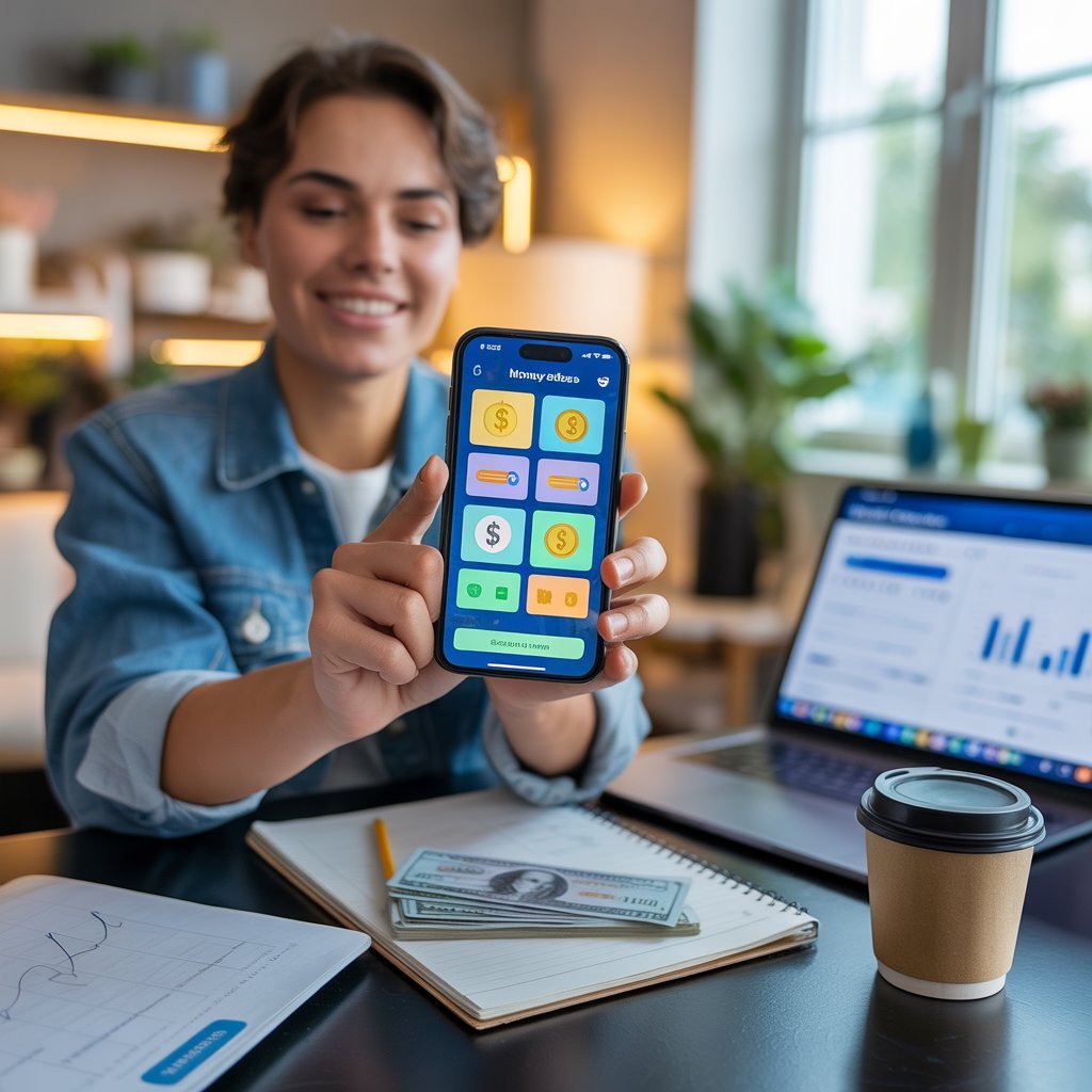 Person using smartphone to earn money online through different apps