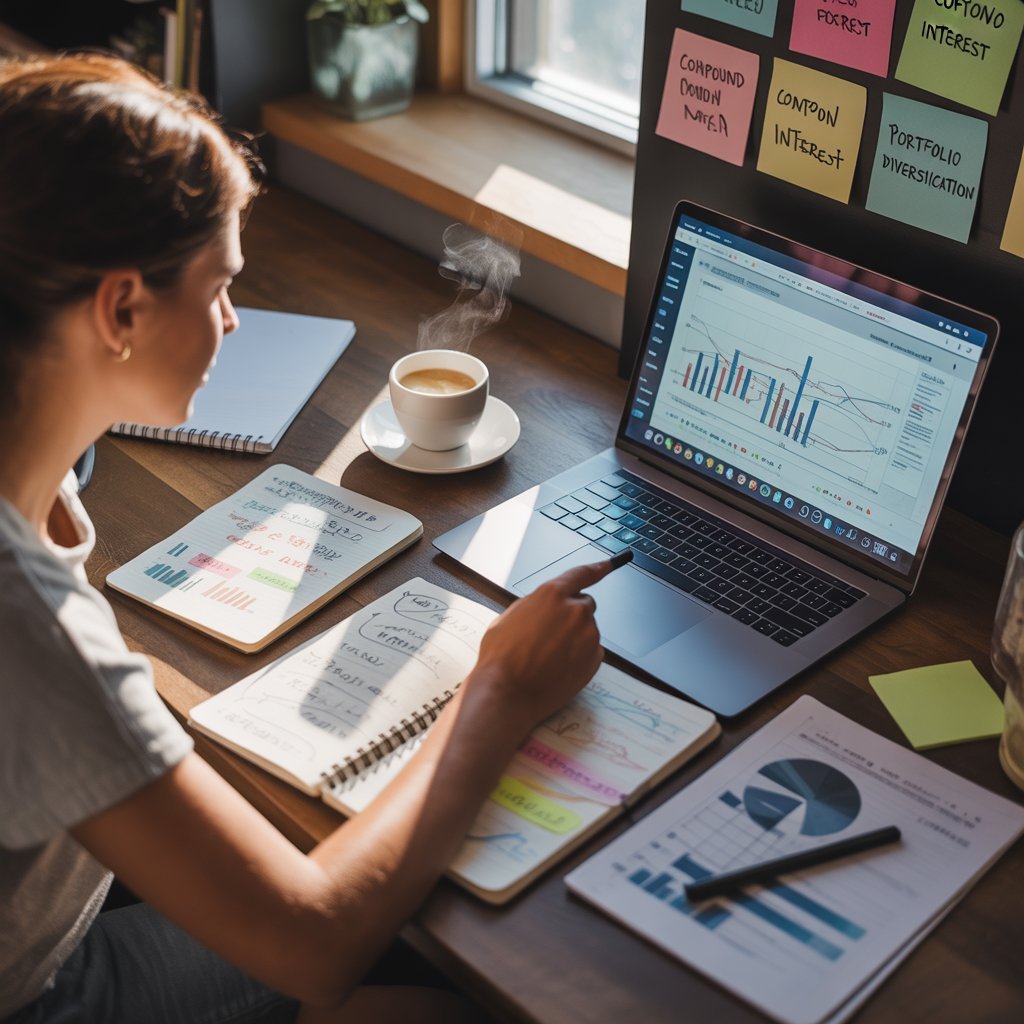 student learning finance online on laptop with notes