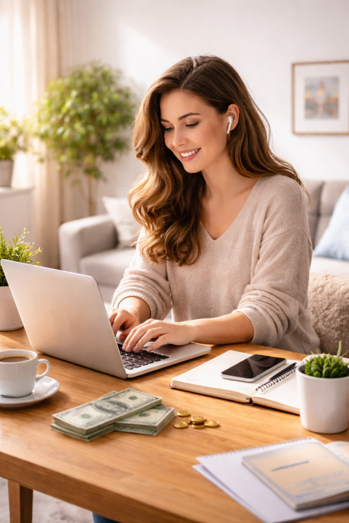 Freelancer working on laptop and earning money online from home